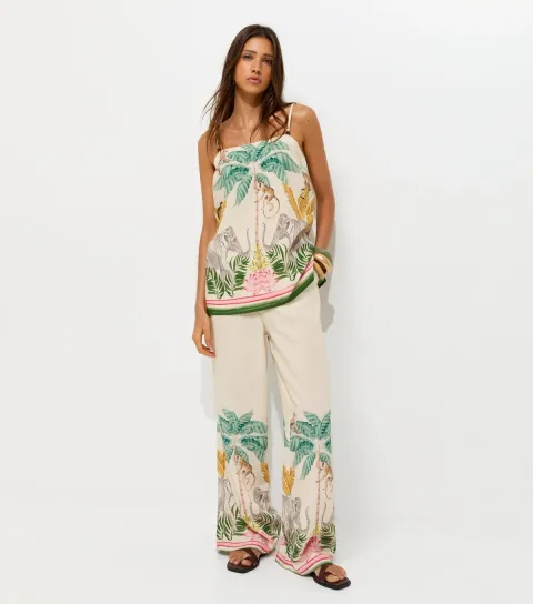 Women's Cream Tropical Print Beaded Strap Cami Top