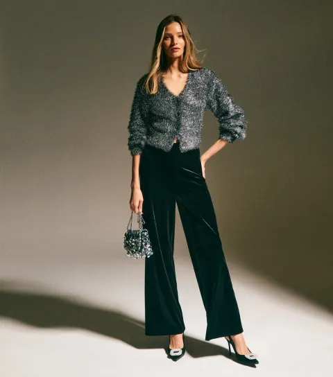 Women's Dark Grey Sparkle Knit V-Neck Cardigan