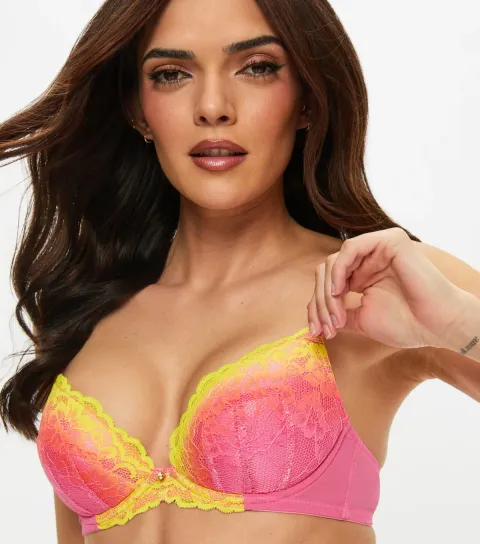 Women's Pink Sexy Lace Ombre Padded Plunge Bra