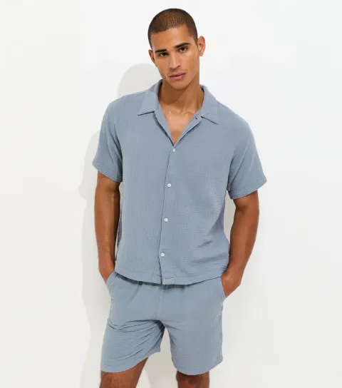 Men's Blue Cotton Seersucker Short Sleeve Shirt