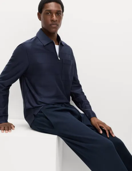 Marks & Spencer Pure Cotton Textured Half Zip Sweatshirt Navy