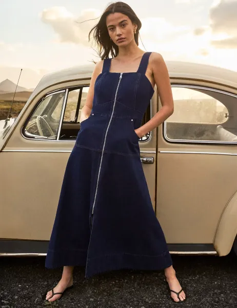 RO&ZO Denim Zip Up Midi Waisted Dress Blue Denim
