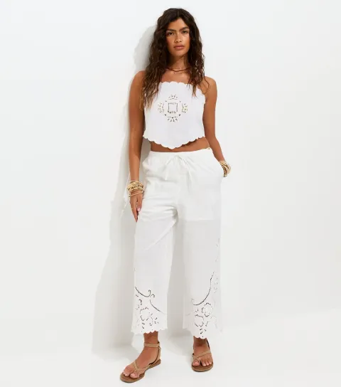 Women's White Cotton Broderie Embroidered Cropped Trousers