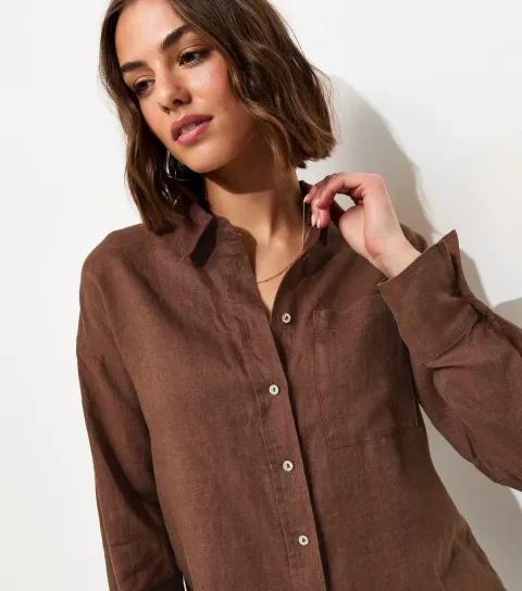 Women's Brown Pure Linen Oversized Long Sleeve Shirt