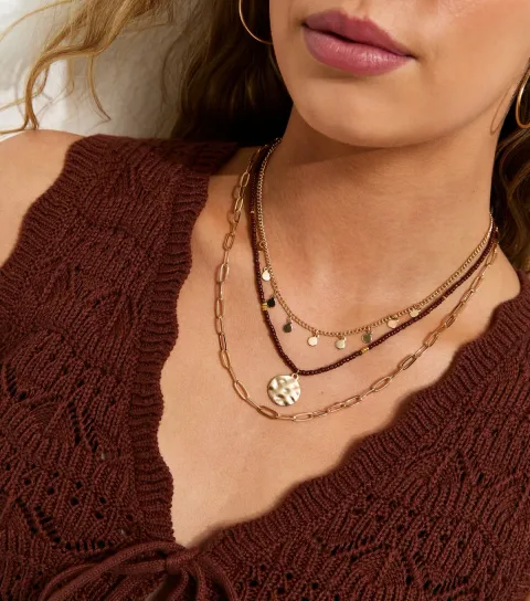 Dark Burgundy 3 Layer Beaded Medallion Necklace