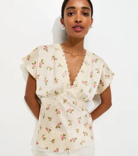 Women's Cream Satin Floral Lace Trim Tea Top
