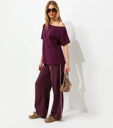 Women's Dark Burgundy Pintuck Stripe Wide Leg Trousers