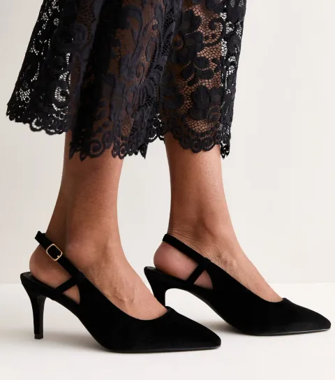 New Look Women's Black Velvet Slingback Stiletto Court Shoes Vegan