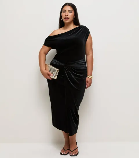 New Look Women's Plus Size Black Velvet Fallen Shoulder Front Knot Midi Dress Curves