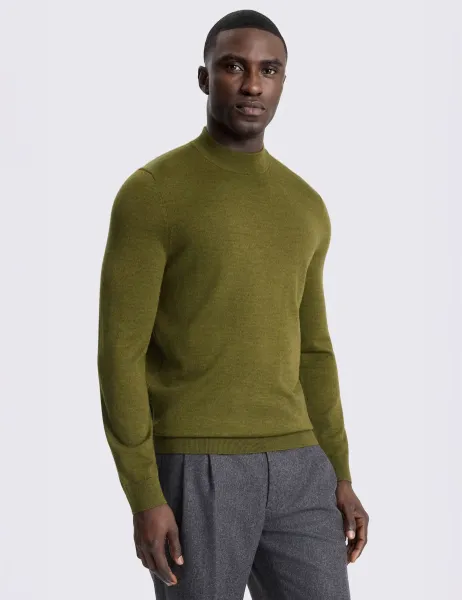 Moss Merino Wool Rich High Neck Jumper Olive