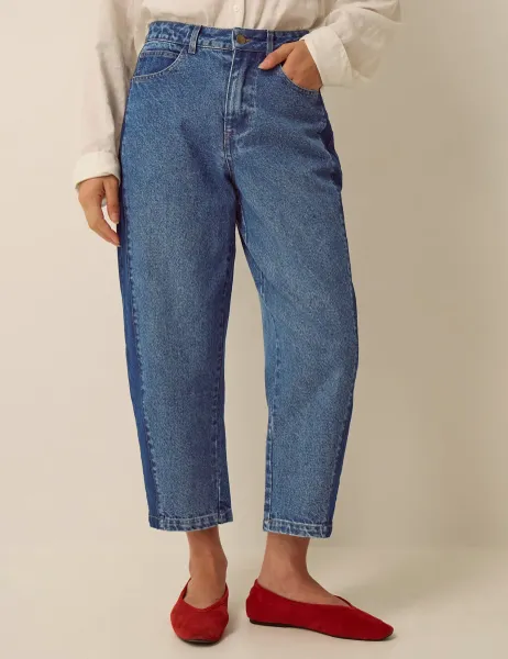 Mid Rise Side Panel Barrel Jeans Blue