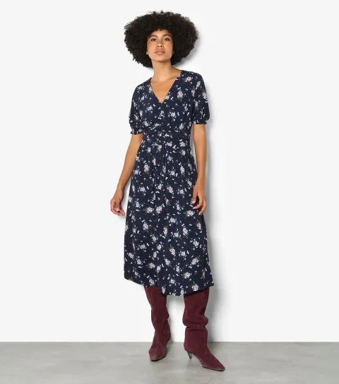 Women's Navy Floral Button Front Midi Dress