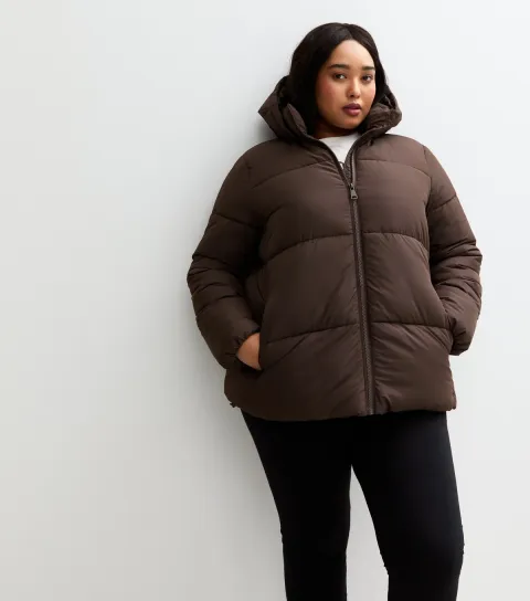 Women's Plus Size Dark Brown Cropped Puffer Jacket Curves