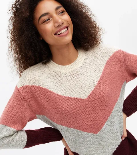 Women's Pink Chevron Colour Block Jumper