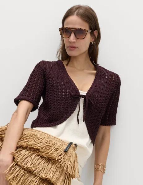 Marks & Spencer Open Stitch V-Neck Tie Fastening Cardigan Raisin