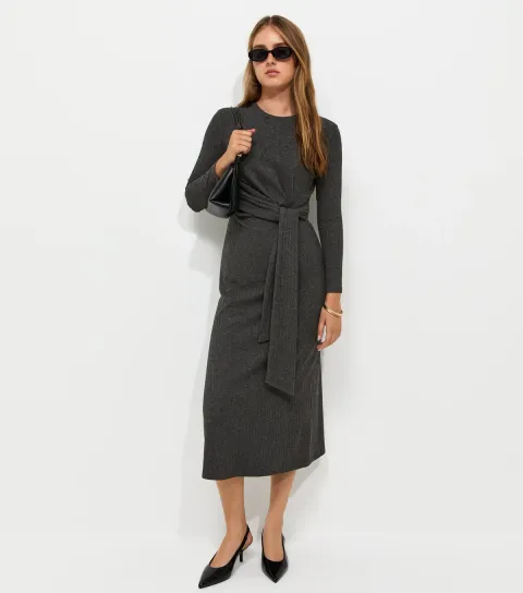 Women's Dark Grey Ribbed Tie Front Long Sleeve Midi Dress