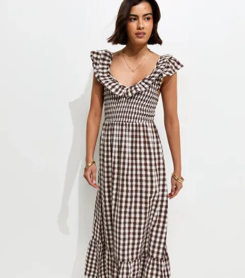 Women's Brown Cotton Gingham Ruffled Neck Midi Dress