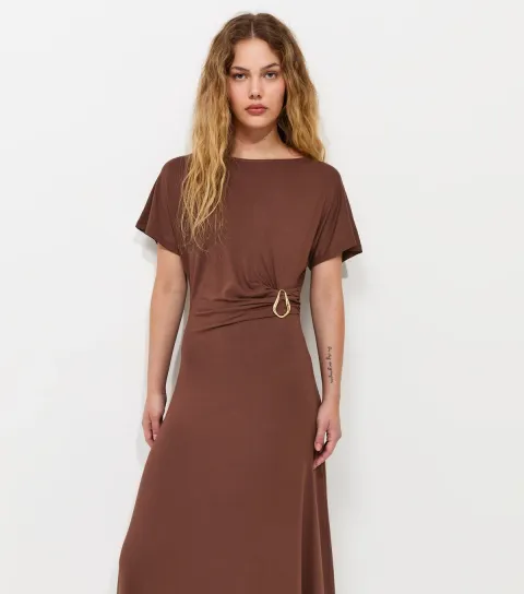 New Look Women's Dark Brown Sculpted Buckle Short Sleeve Midi Dress