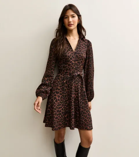 Women's Brown Animal Print Long Sleeve Mini Dress