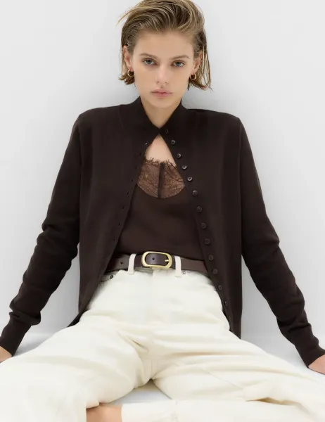 Marks & Spencer Funnel Neck Slim Fit Cardigan with Wool Bitter Chocolate