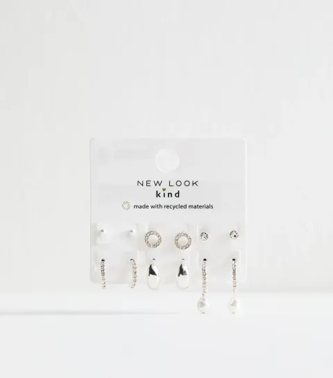 Silver Tone Pack of 6 Faux Pearl and Diamante Earrings