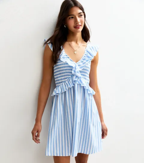 New Look Women's Blue Striped Print Ruffle Trim Shirred Mini Dress