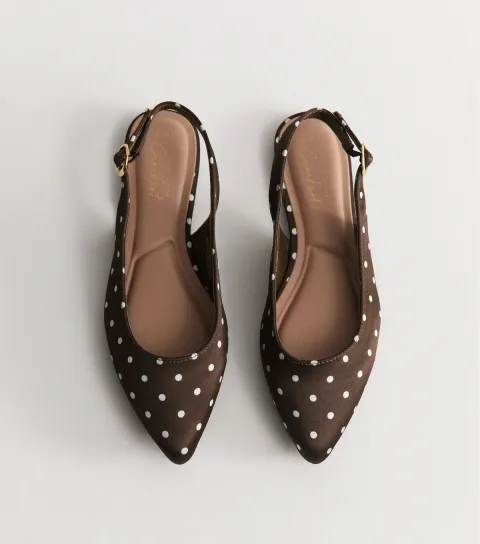 Women's Brown Satin Polka Dot Sling Back Pumps Vegan