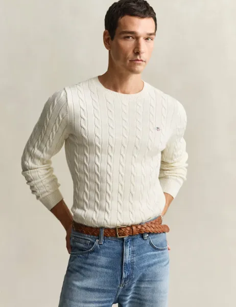 Gant Pure Cotton Cable Crew Neck Jumper Cream