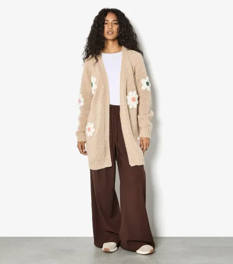 Women's Stone 3D Daisy Embroidered Open Cardigan
