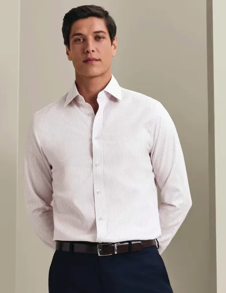 Charles Tyrwhitt Slim Fit Non Iron Pure Cotton Striped Shirt Burgundy Mix