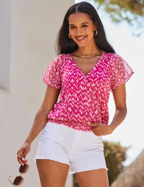 SOSANDAR Printed V-Neck Wrap Top Pink Mix