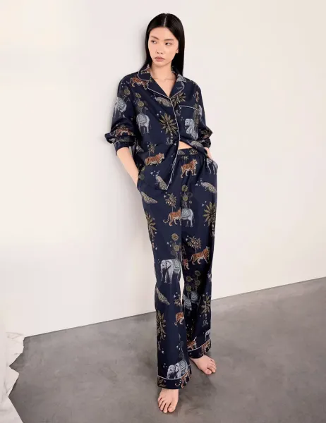 Chelsea Peers Twilight Safari Pure Cotton Jungle Print Revere Pyjama Set Navy