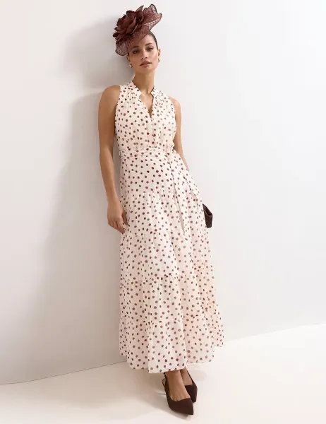 Phase Eight Polka Dot V-Neck Maxi Tiered Dress Cream Mix