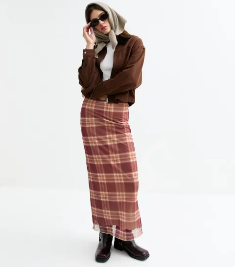Women's Brown Checked Midi Skirt
