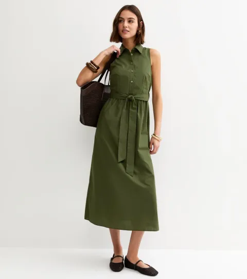 Women's Khaki Sleeveless Button Up Midi Shirt Dress