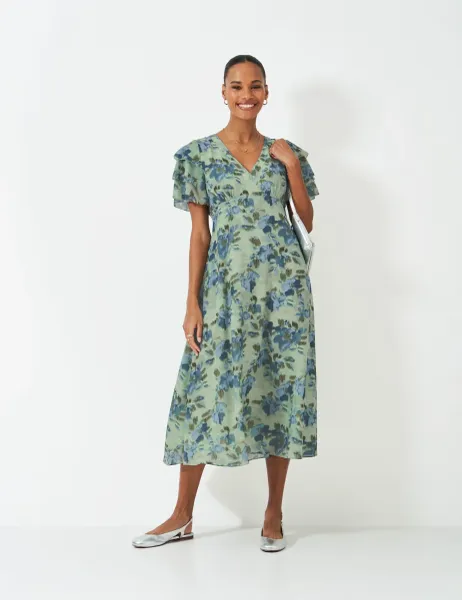 Crew Clothing Floral Flutter Sleeve Midi Tea Dress Medium Green