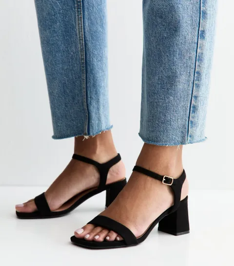 Women's Black Faux Suede Square Toe Block Heel Sandals Vegan