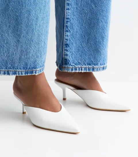 New Look Women's White Faux Leather V-Cut Mules Vegan