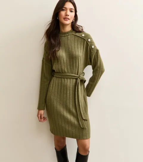 Women's Dark Khaki Rib Buttoned Shoulder Mini Dress