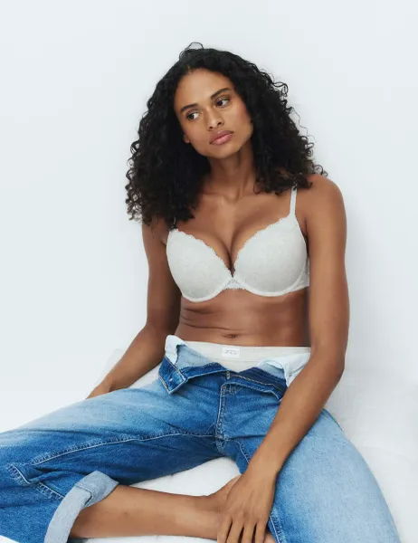 Marks & Spencer Juni Cotton Rib Wired Push-Up Plunge Bra (A-E) Grey Marl