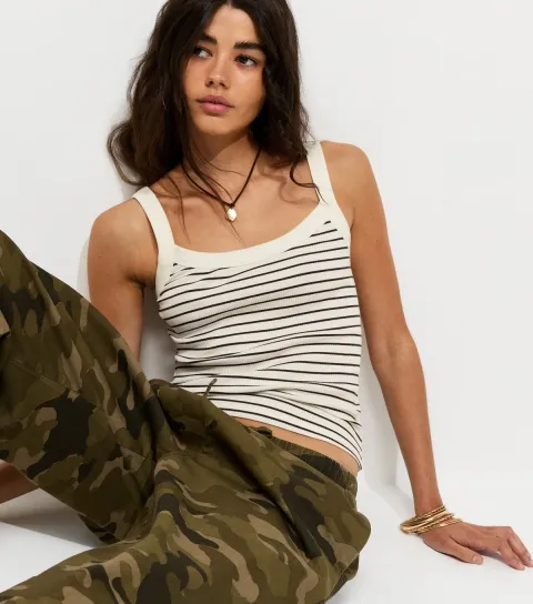 Women's Brown Cotton Rich Striped Scoop Neck Ribbed Cami Top