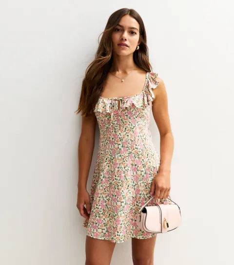 Women's Petite Cream Floral Print Frill Trim Mini Dress