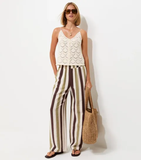 Women's Green Striped Wide Leg Trousers