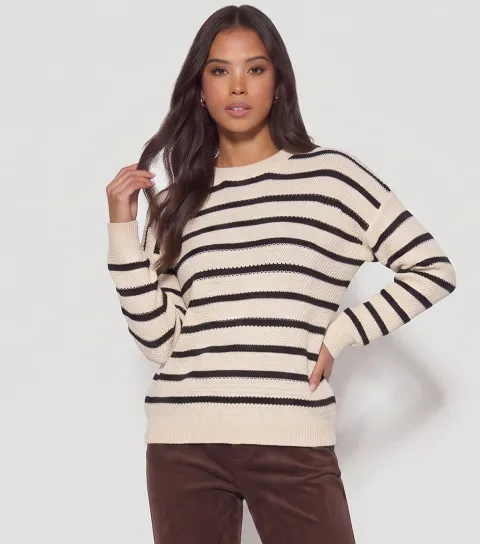 Gini London Women's Cream Striped Chunky Knit Oversize Jumper
