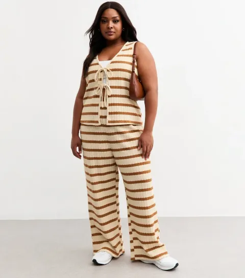 Women's Plus Size Cream Textured Striped Trousers Curves