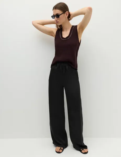 Marks & Spencer Satin Drawstring Wide Leg Trousers Black