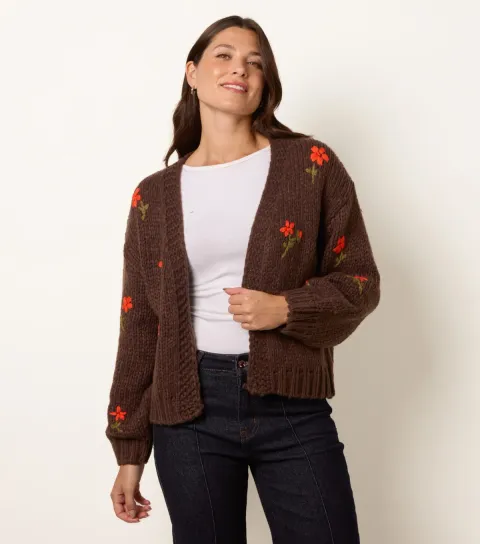 Blue Vanilla Women's Dark Brown Flower Embroidered Chunky Knit Cardigan