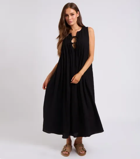 Women's Black Tie Front Textured Maxi Dress