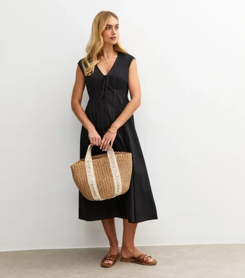 New Look Women's Black Tie V-Neck Pintuck Midi Dress