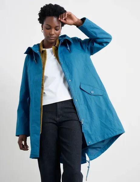 Seasalt Cornwall Linen Rich Waterproof Hooded Longline Raincoat Blue